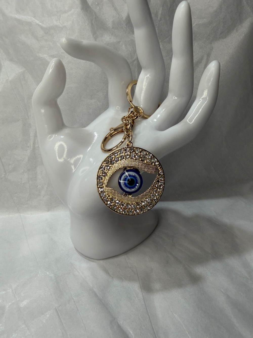 Gold-Tone Blue Evil Eye Keyring with Crystal Accents